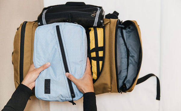 Packing Cube Shoulder Bag in Acuity being packed in an Aeronaut 45 in Coyote.